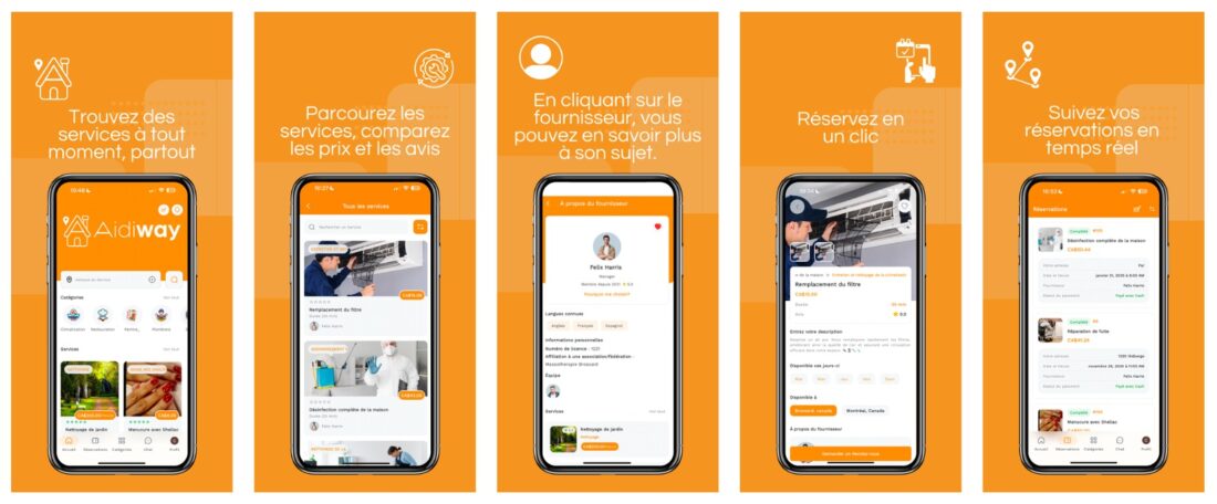 Aidiway : l’application québécoise qui réinvente les services à domicile 3 Application Aidiway – services à domicile au Québec, recherche et réservation locales sur téléphone intelligent.