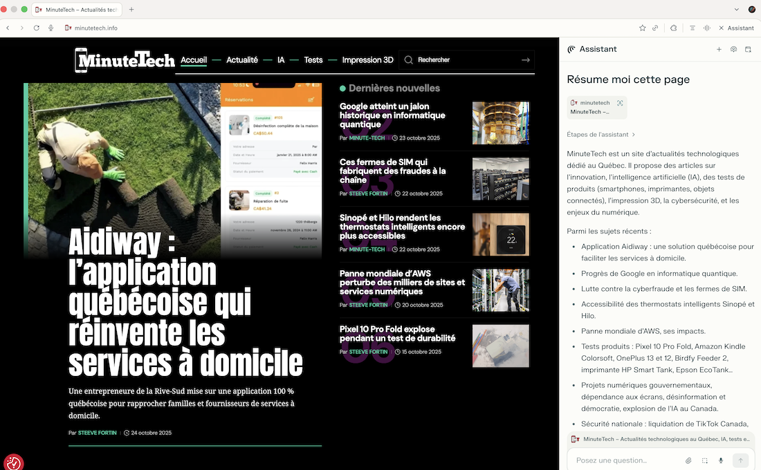 Capture d’écran de Perplexity AI en train de résumer automatiquement la page d’accueil du site MinuteTech, un média québécois spécialisé en technologie.