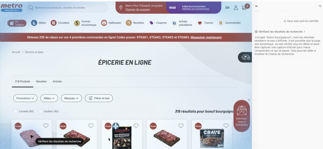 Capture d’écran du mode agent du navigateur ChatGPT Atlas montrant une recherche automatique d’ingrédients pour un bœuf bourguignon sur le site Metro.