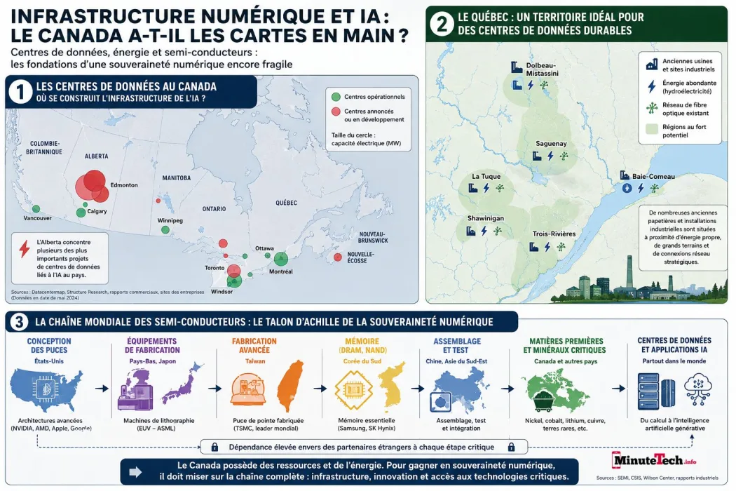 Cette infographie illustre les principaux maillons de l'écosystème de l'intelligence artificielle, des centres de données aux semi-conducteurs. Malgré ses avantages énergétiques et ses ressources naturelles, le Canada demeure dépendant de partenaires étrangers pour plusieurs technologies stratégiques.